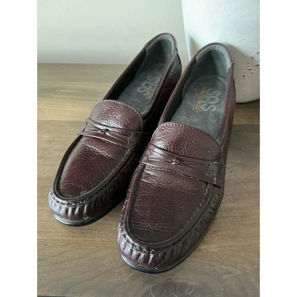 SAS Shoes Womens Easier Low Wedge Slip On Loafers Brown Leather Casual‎ 8.5 Slim